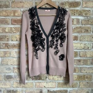 J. Crew 100% Cashmere Dust Rose Cardigan w/ Grey Trim and Black Ribbon Detail